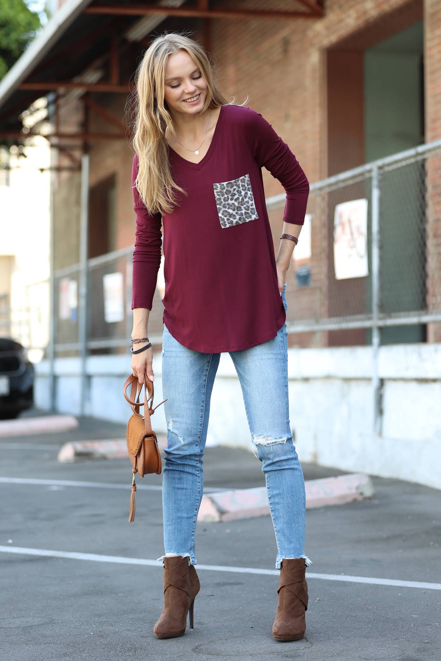 ....Luxe Rayon Long Sleeve V Neck Leopard Pocket Top