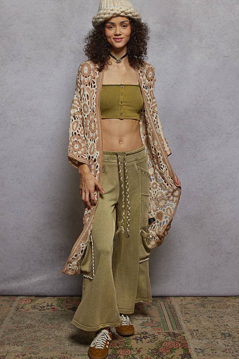 V-neck long sleeve crochet knit weave cardigan