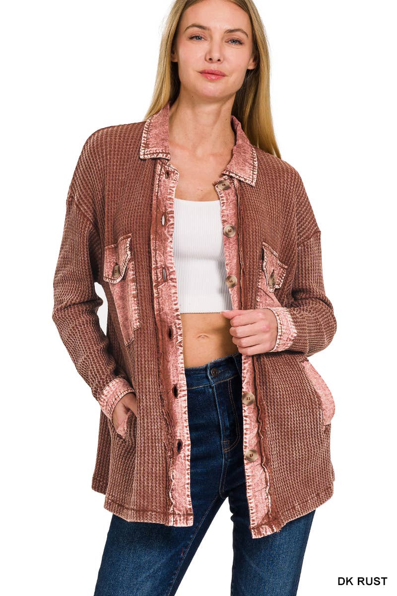 ',....Waffle Acid Wash Oversized Shacket Reg/Crop