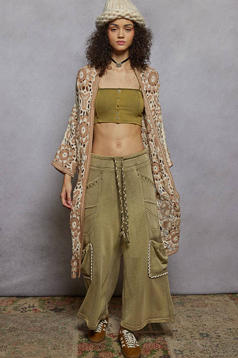 V-neck long sleeve crochet knit weave cardigan