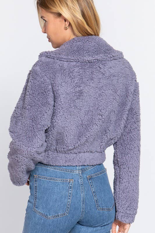 Notched Collar Button Down Faux Fur Jacket