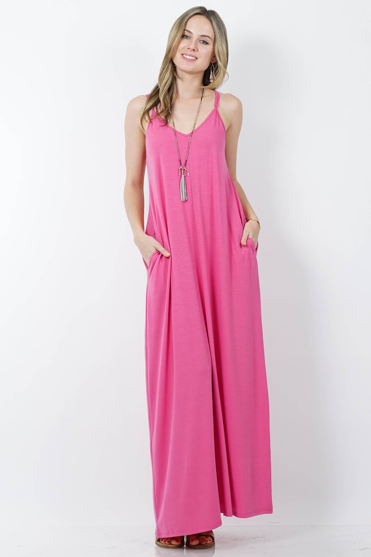 `.V Neck Cami Maxi Dress With Side Pockets
