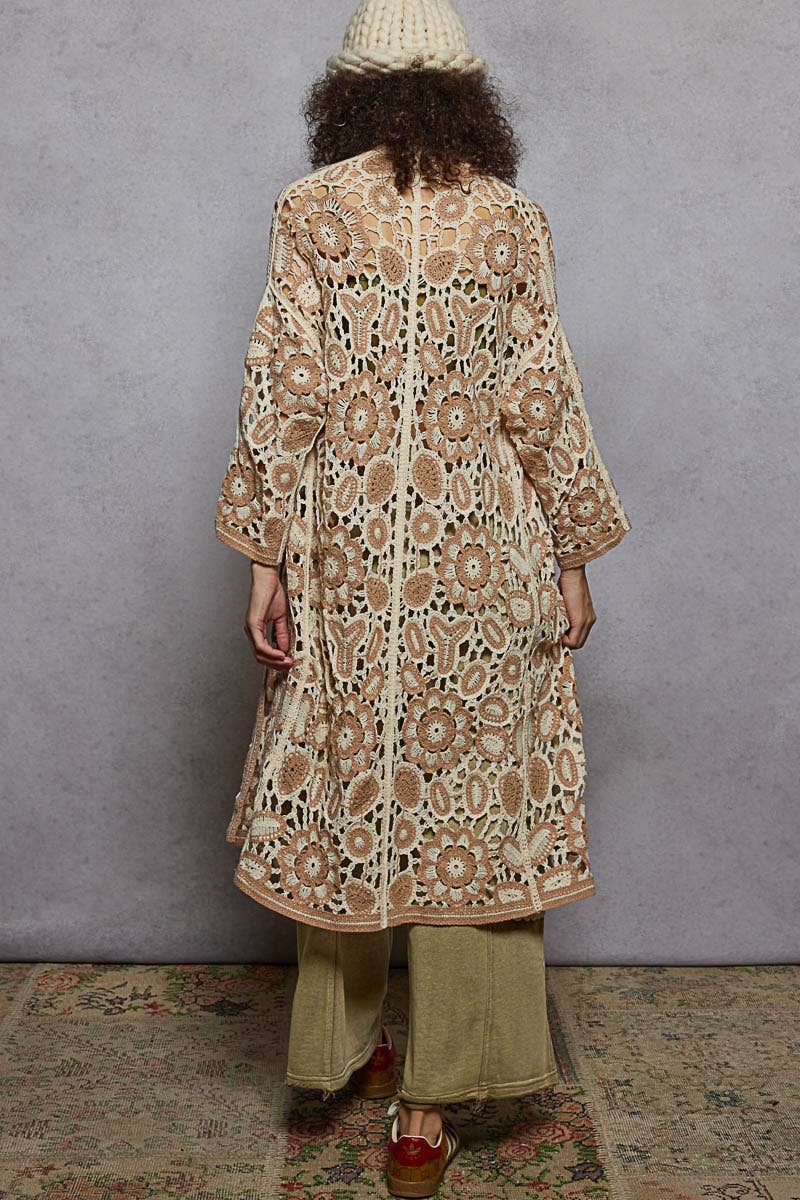 V-neck long sleeve crochet knit weave cardigan