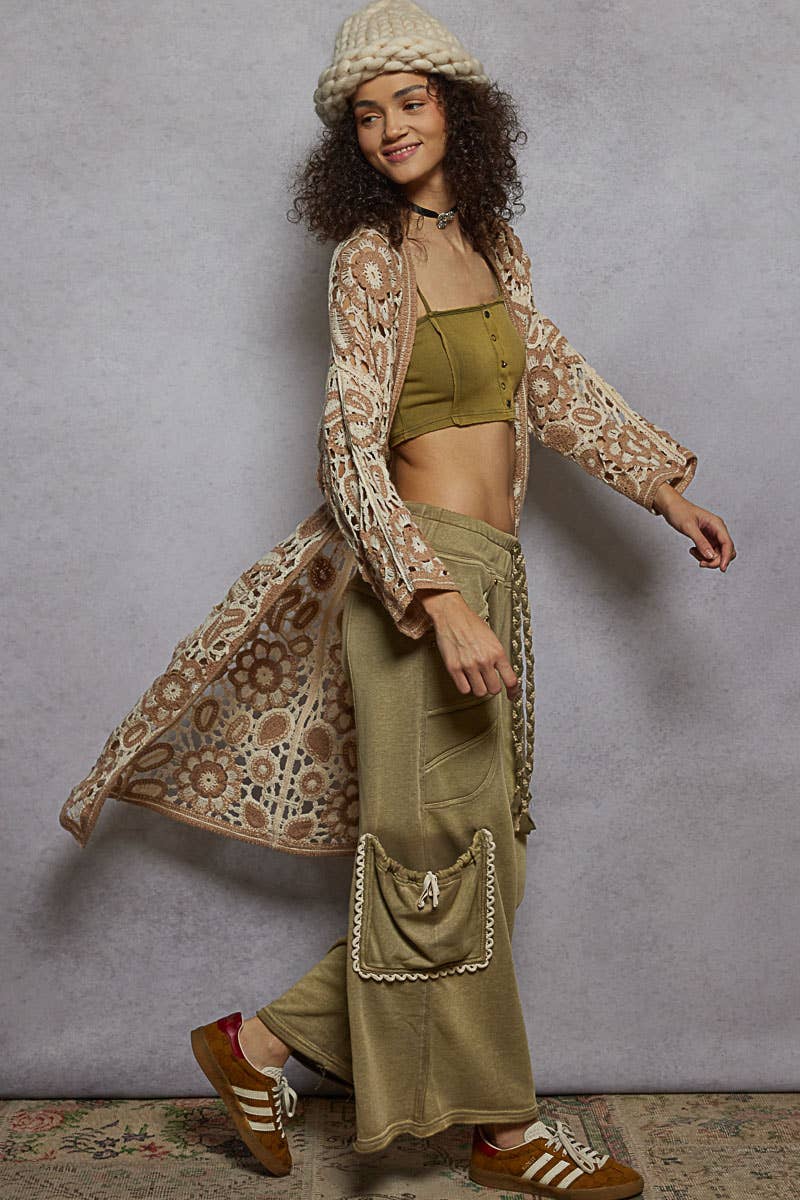 V-neck long sleeve crochet knit weave cardigan