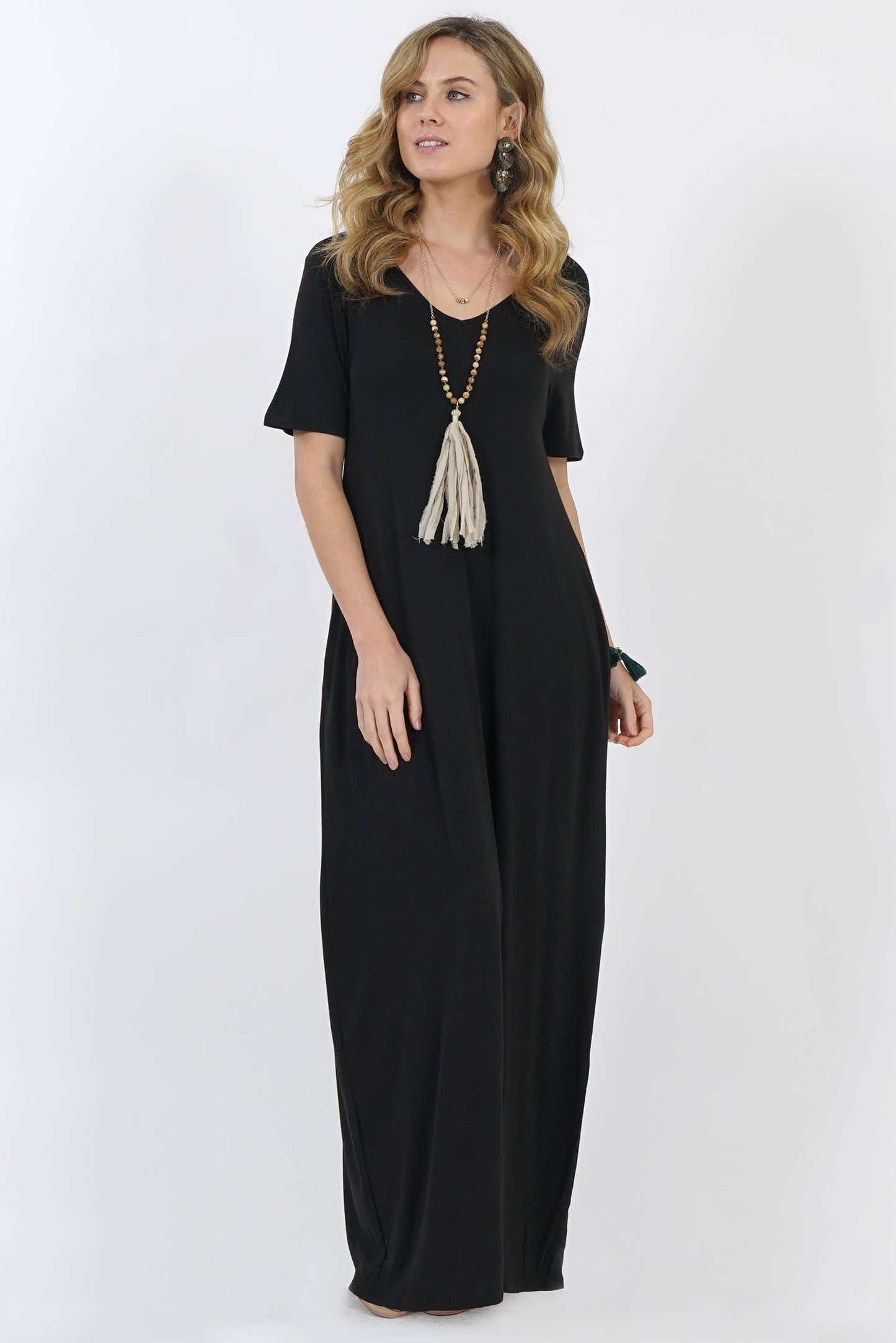 `.V Neck Cami Maxi Dress With Side Pockets