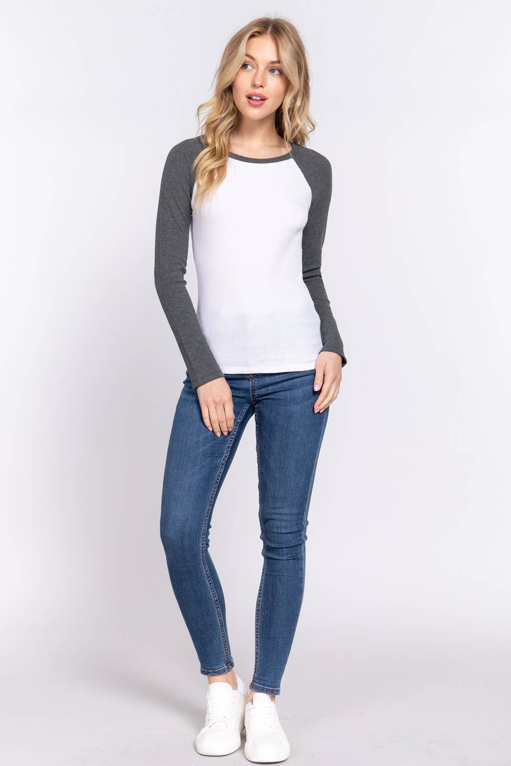 Long Raglan Sleeve Color Block Thermal Knit Top