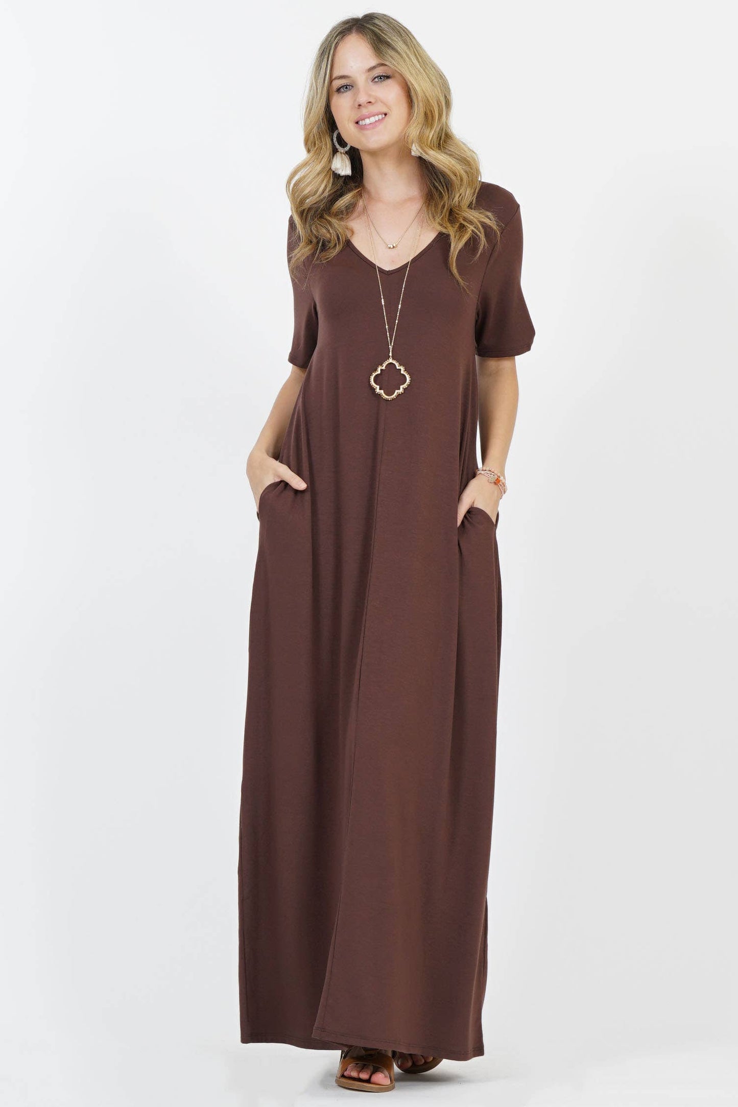 `.V Neck Cami Maxi Dress With Side Pockets