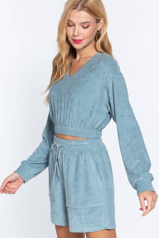 Long Sleeve V-neck Elasticized Hem Terry Towelling