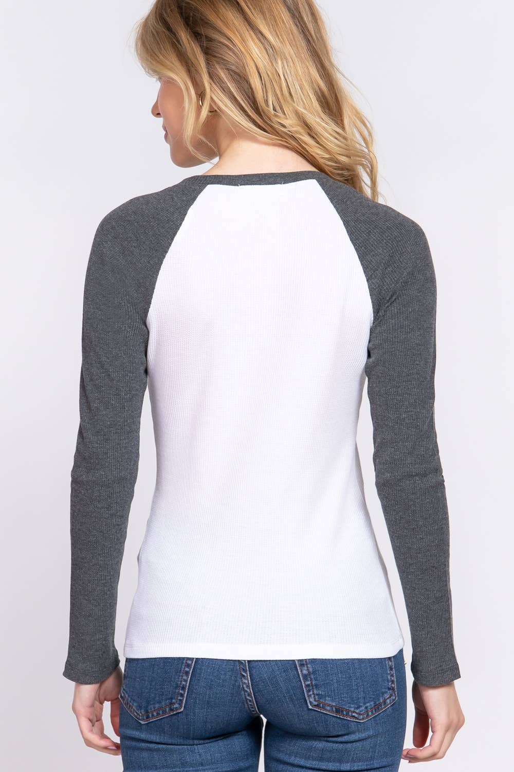 Long Raglan Sleeve Color Block Thermal Knit Top