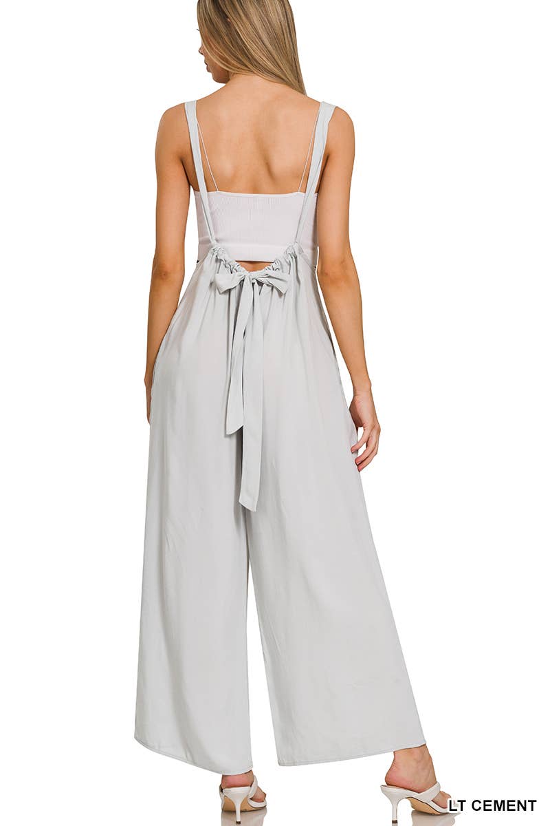 `.Tie Back Suspender Jumpsuit w/ Pockets