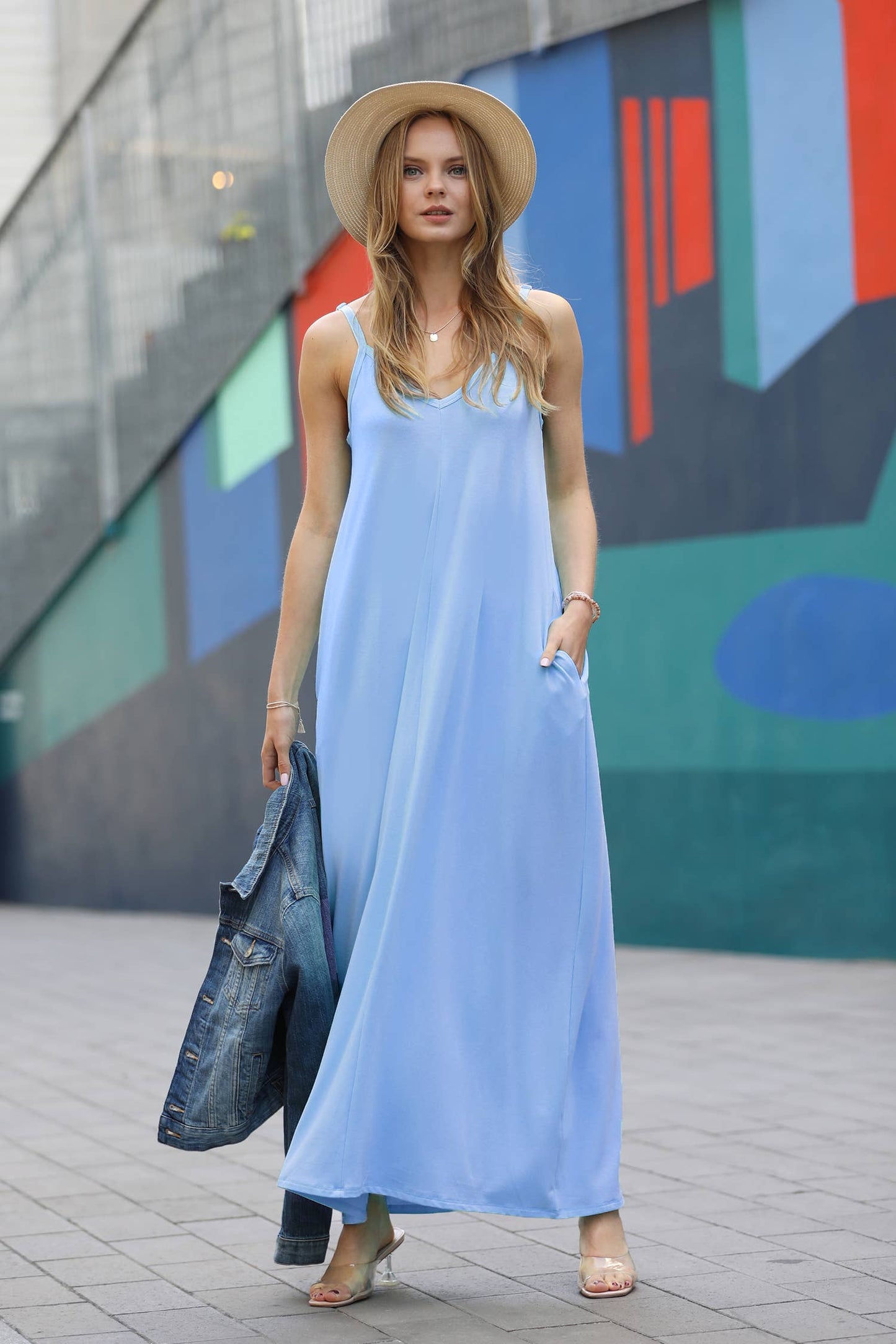 `.V Neck Cami Maxi Dress With Side Pockets
