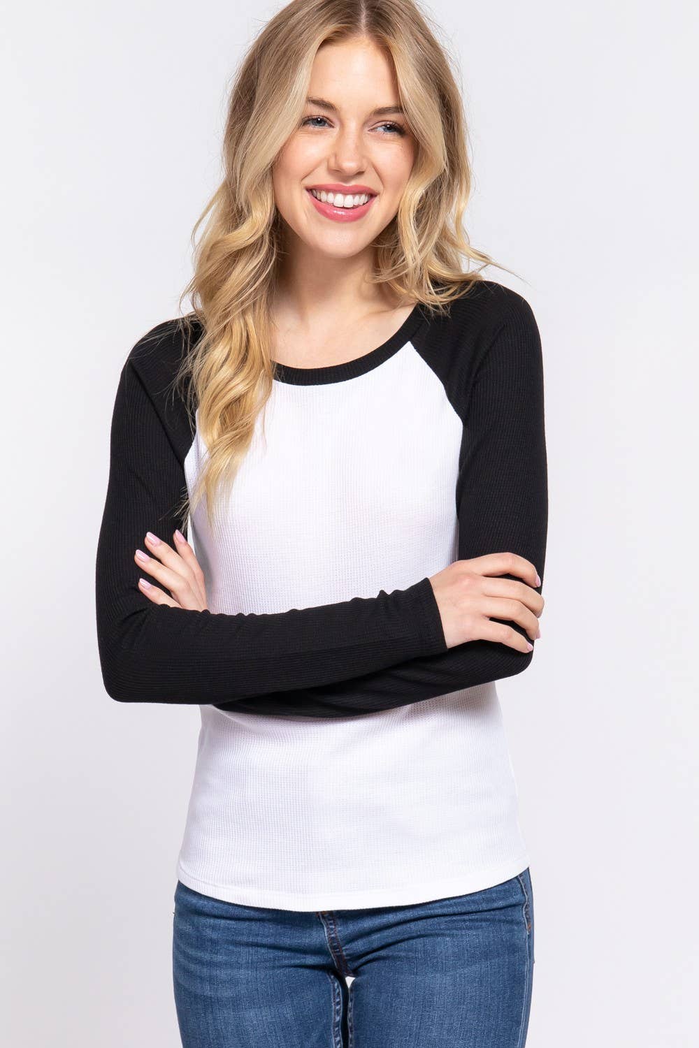 Long Raglan Sleeve Color Block Thermal Knit Top