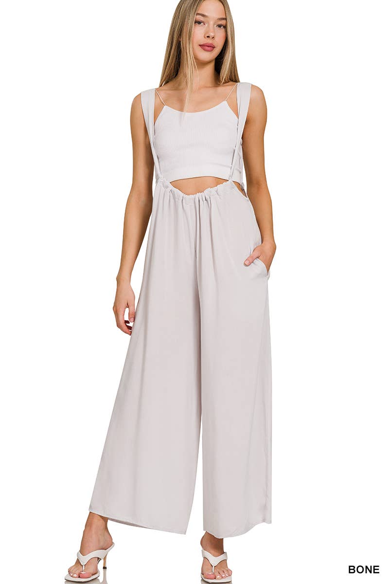 `.Tie Back Suspender Jumpsuit w/ Pockets