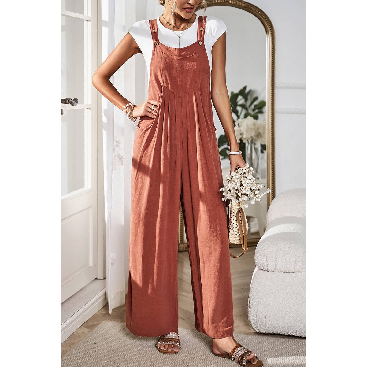 Button Detail Wide Leg Overall Pockets Jumpsuit
