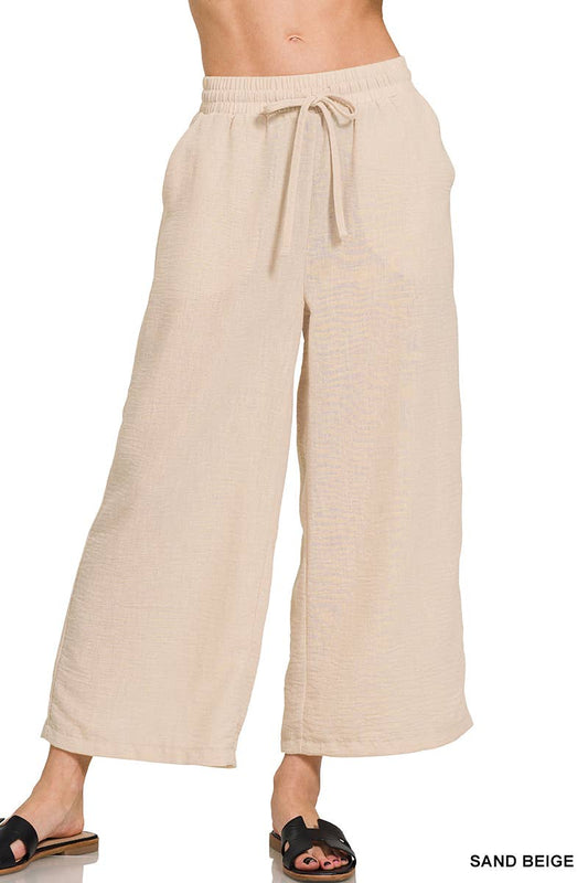 ", Drawstring Elasticband Waist Wide Pants W/ Pockets