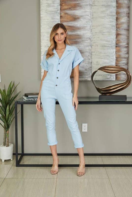 UTILITY STYLE S/S BUTTON DOWN STRETCH JUMPSUIT (61233)