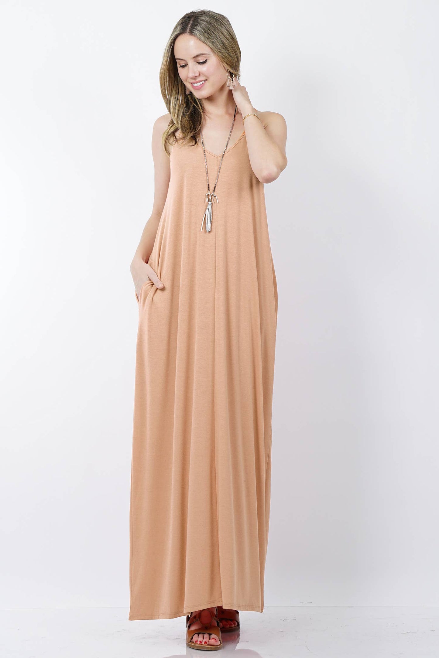 `.V Neck Cami Maxi Dress With Side Pockets