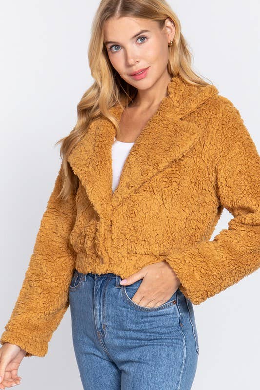 Notched Collar Button Down Faux Fur Jacket