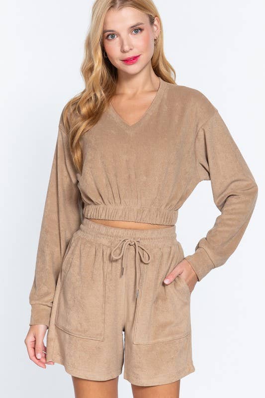 Long Sleeve V-neck Elasticized Hem Terry Towelling