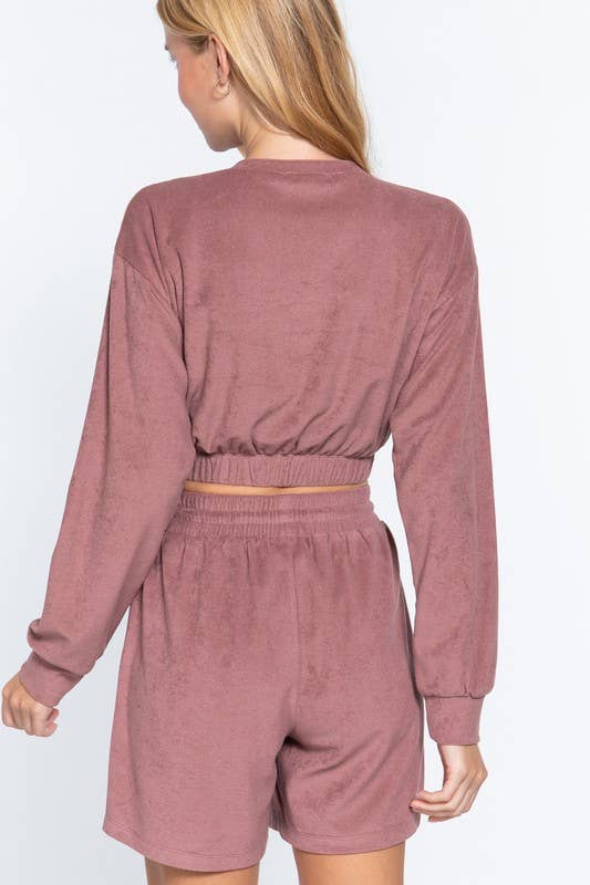 Long Sleeve V-neck Elasticized Hem Terry Towelling