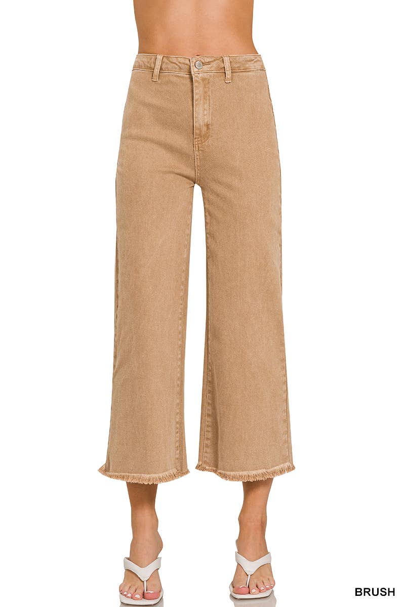 ",,,..._ Acid Washed Frayed Cutoff Hem Straight Wide Pants