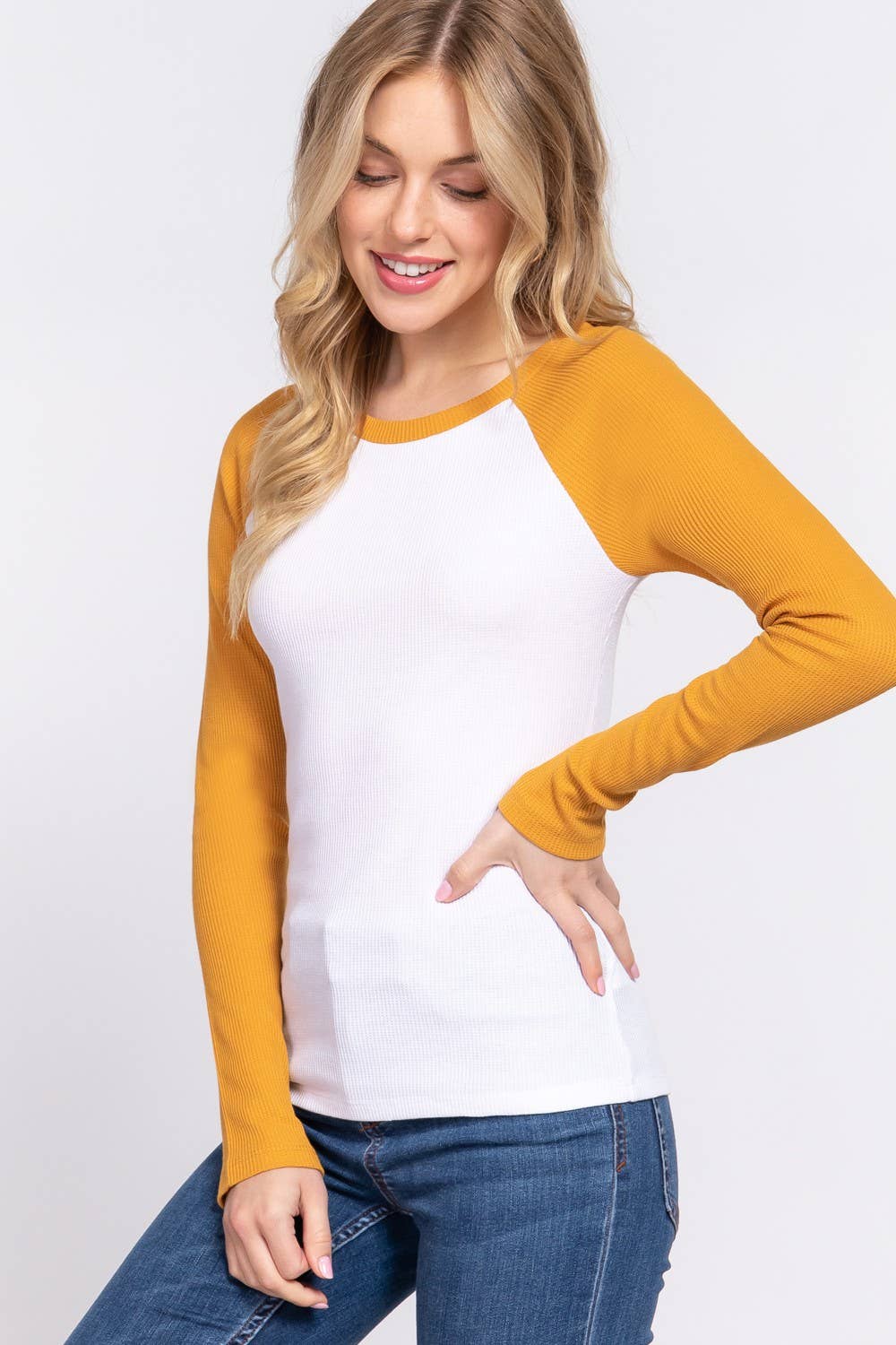 Long Raglan Sleeve Color Block Thermal Knit Top