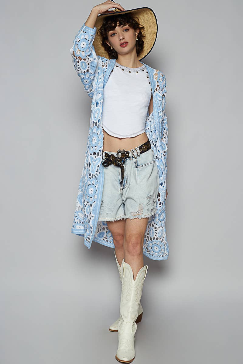 V-neck long sleeve crochet knit weave cardigan