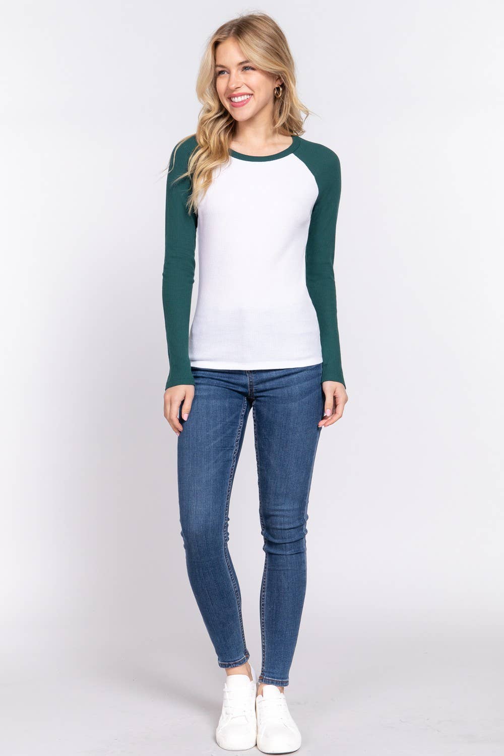 Long Raglan Sleeve Color Block Thermal Knit Top
