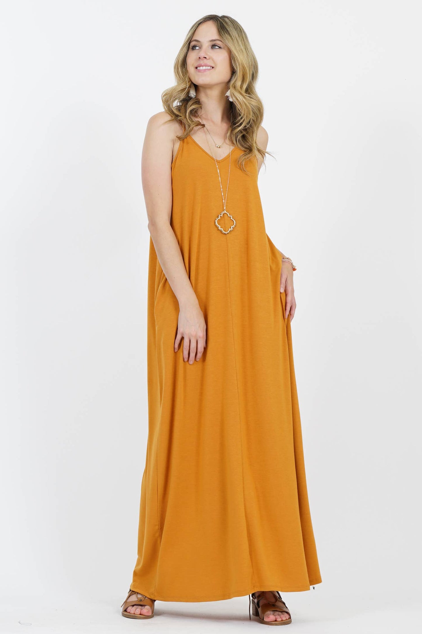 `.V Neck Cami Maxi Dress With Side Pockets