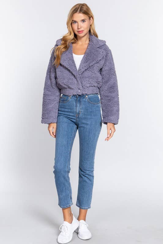 Notched Collar Button Down Faux Fur Jacket