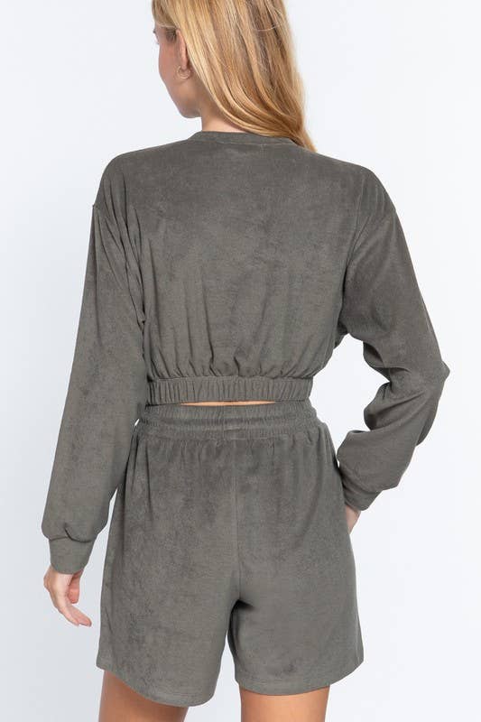Long Sleeve V-neck Elasticized Hem Terry Towelling