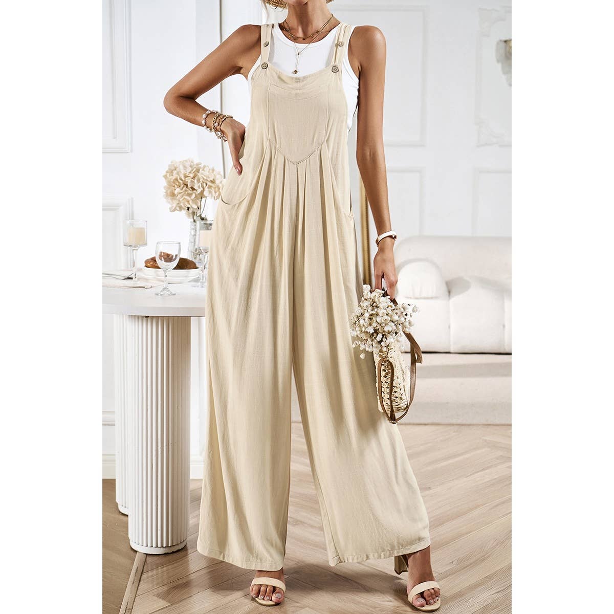 Button Detail Wide Leg Overall Pockets Jumpsuit
