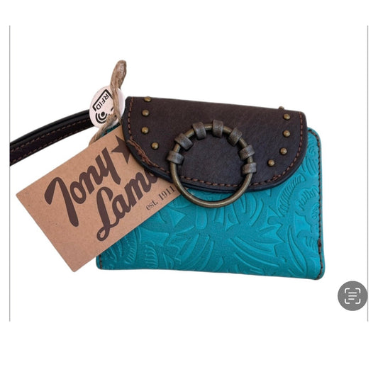 Tony Lama Western Turquoise Tooled Wristlet Wallet Studs Floral