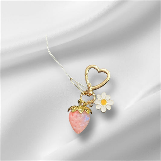 Stylish Purse Keychain Accessories Pink Strawberry With Daisy Charm