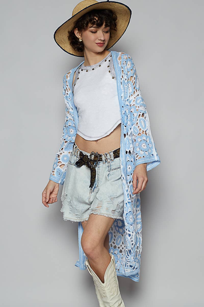 V-neck long sleeve crochet knit weave cardigan