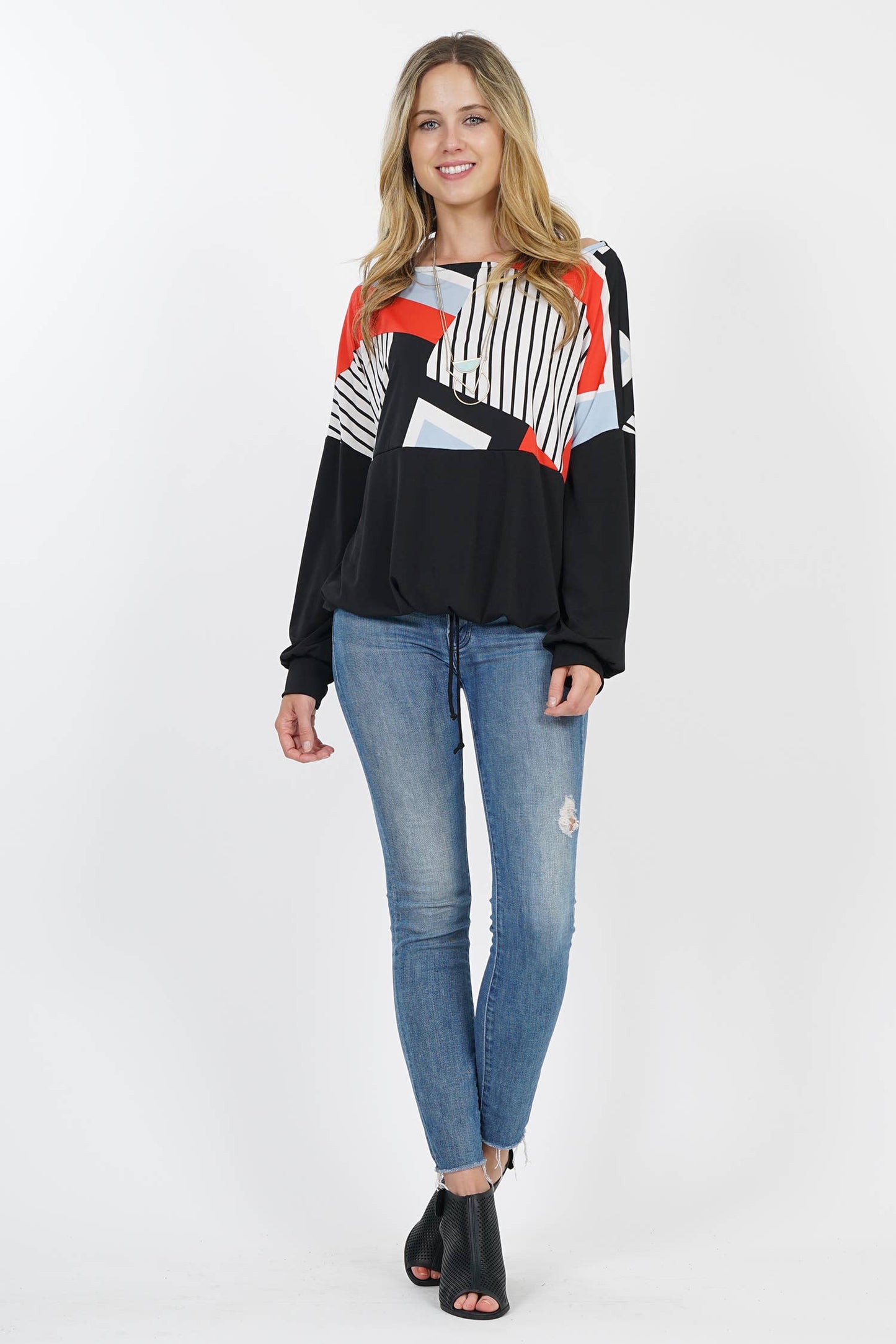 ",._ SI-10522 Print color block drawstring blouson top