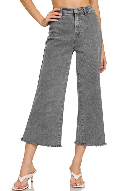 ",,,..._ Acid Washed Frayed Cutoff Hem Straight Wide Pants