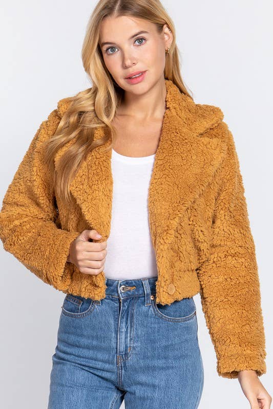 Notched Collar Button Down Faux Fur Jacket