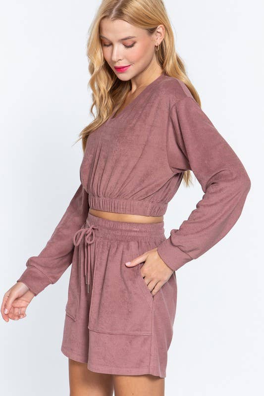 Long Sleeve V-neck Elasticized Hem Terry Towelling