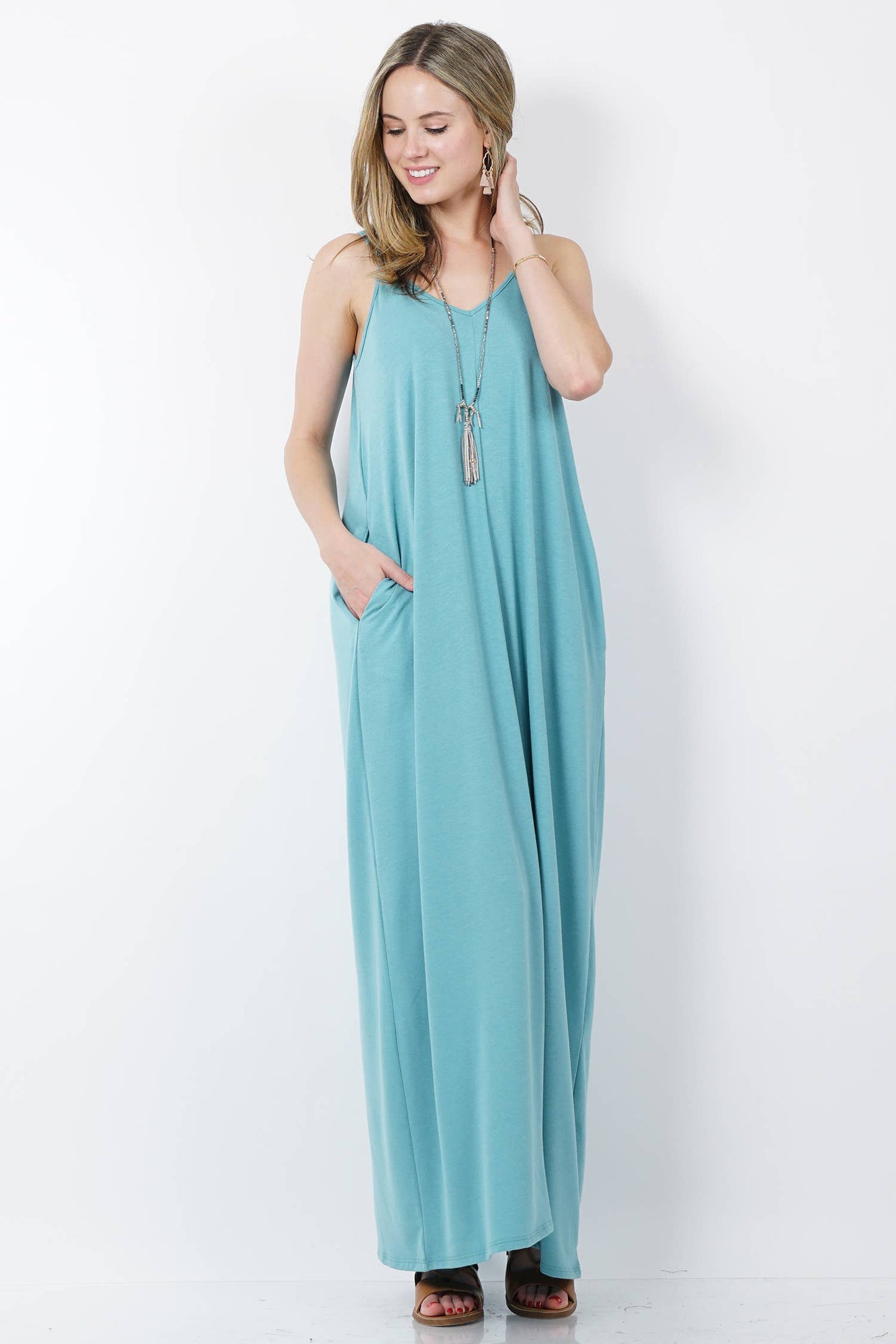 `.V Neck Cami Maxi Dress With Side Pockets