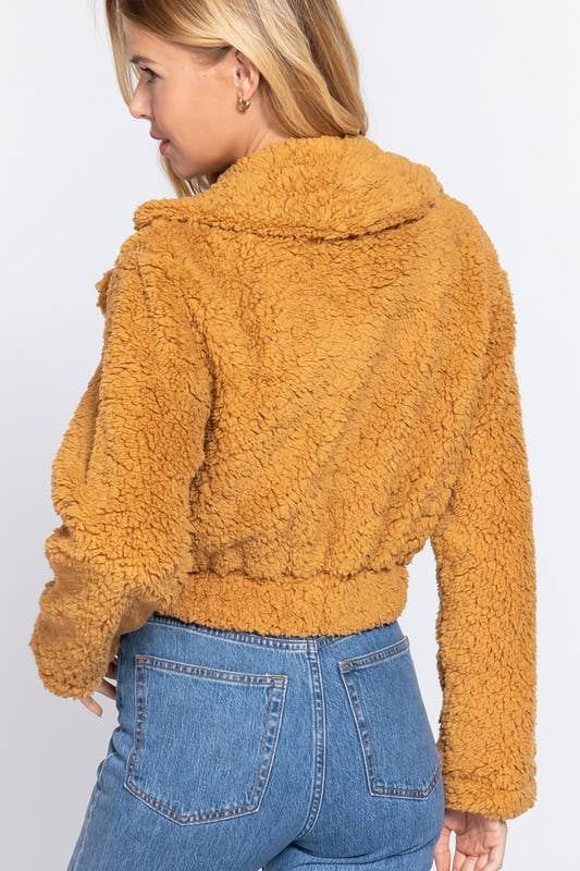 Notched Collar Button Down Faux Fur Jacket