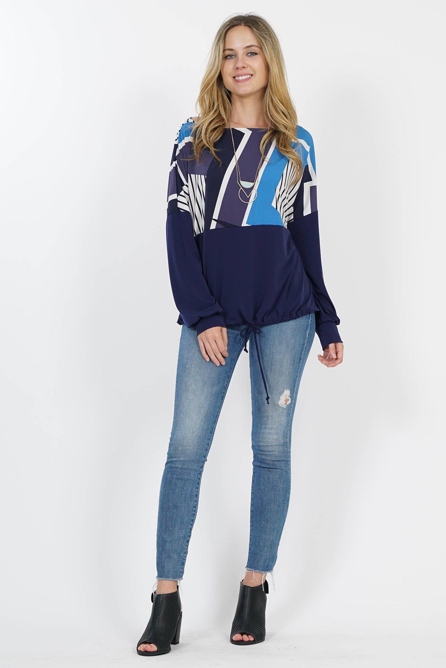 ",._ SI-10522 Print color block drawstring blouson top