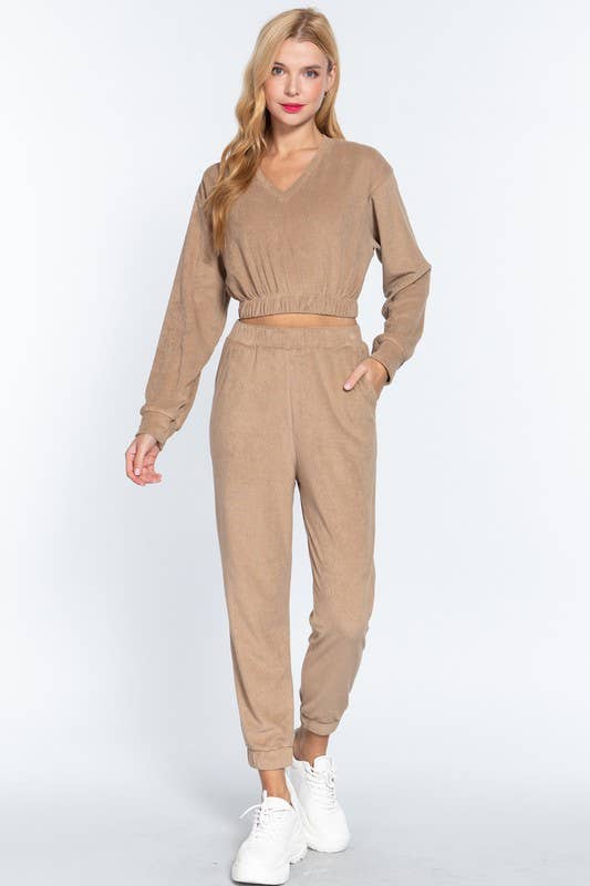 Long Sleeve V-neck Elasticized Hem Terry Towelling