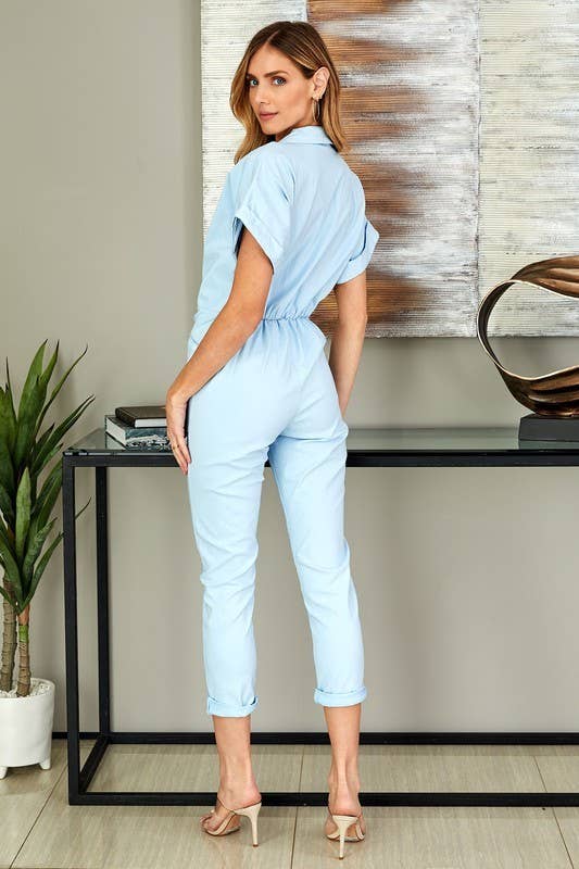 UTILITY STYLE S/S BUTTON DOWN STRETCH JUMPSUIT (61233)