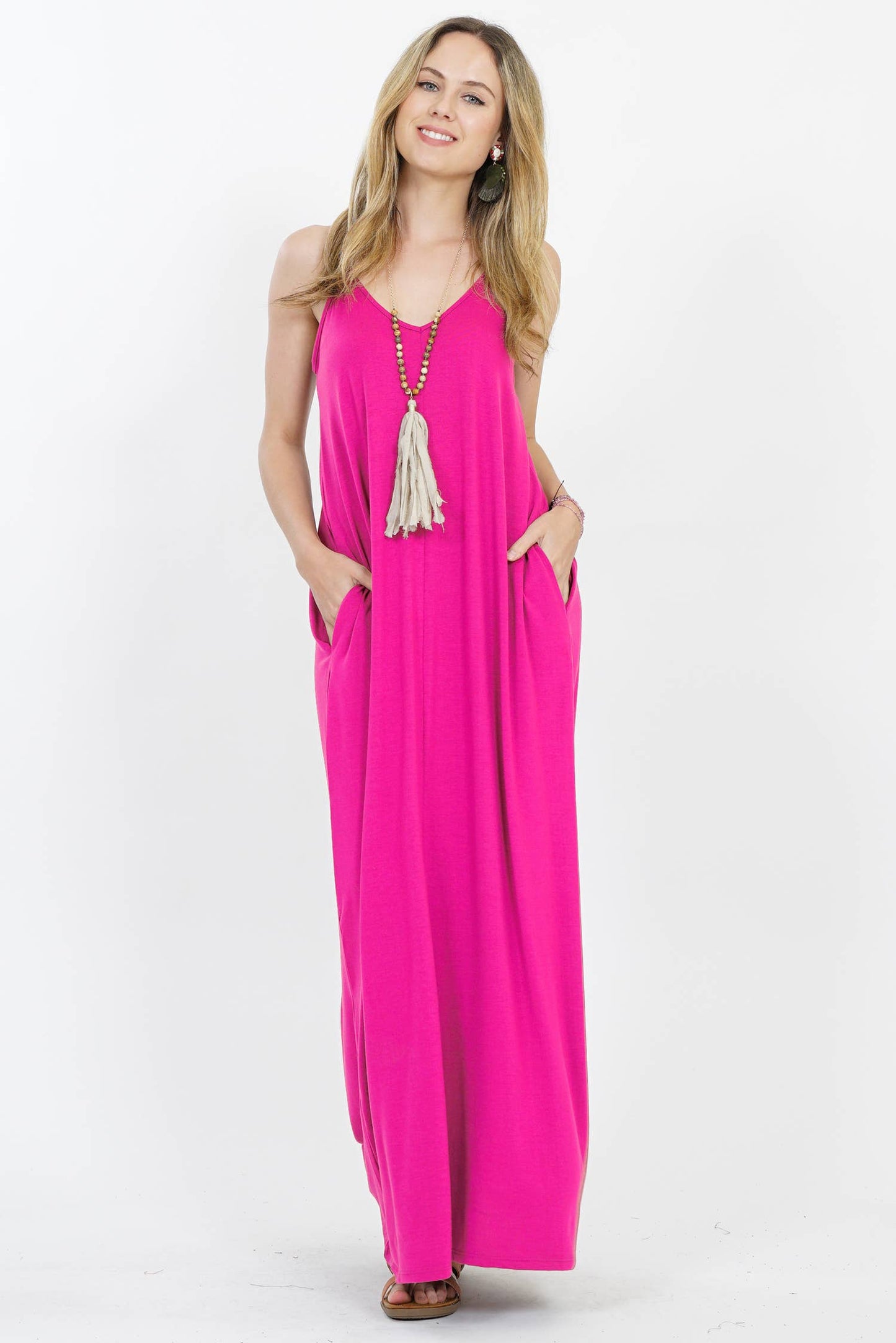 `.V Neck Cami Maxi Dress With Side Pockets