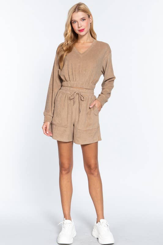 Long Sleeve V-neck Elasticized Hem Terry Towelling