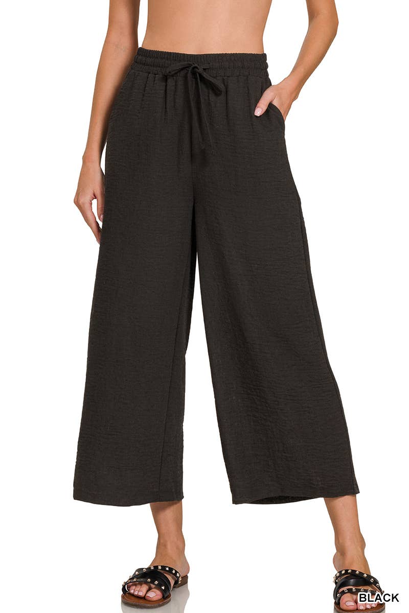 ", Drawstring Elasticband Waist Wide Pants W/ Pockets