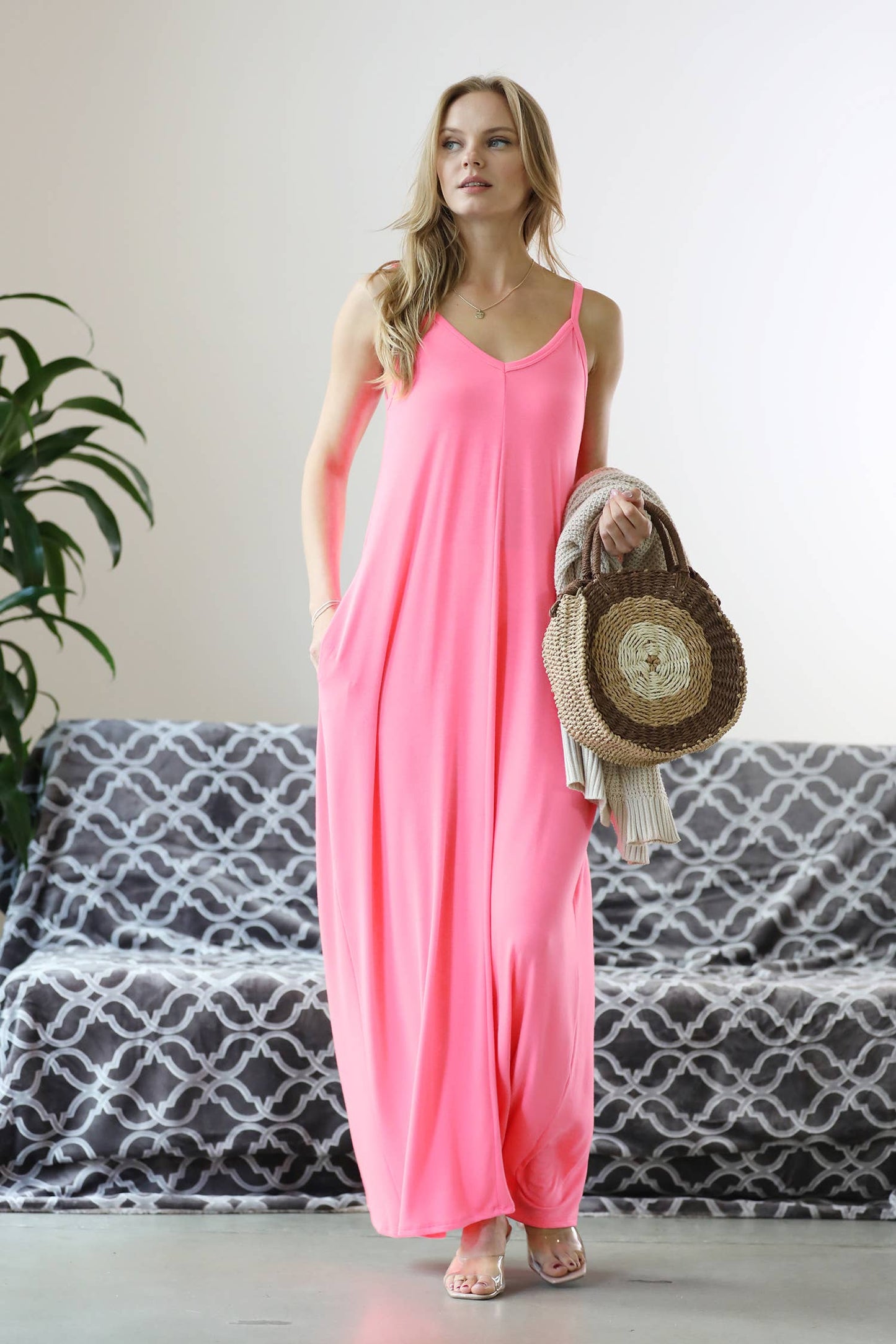 `.V Neck Cami Maxi Dress With Side Pockets