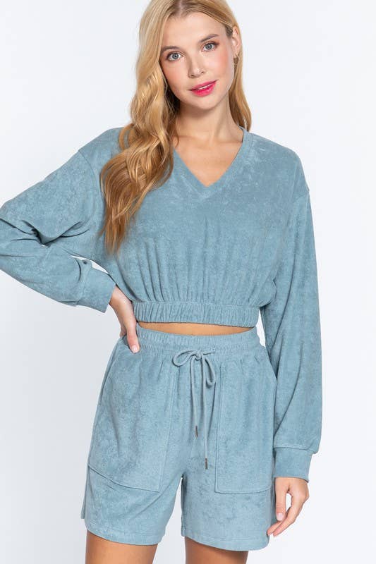 Long Sleeve V-neck Elasticized Hem Terry Towelling