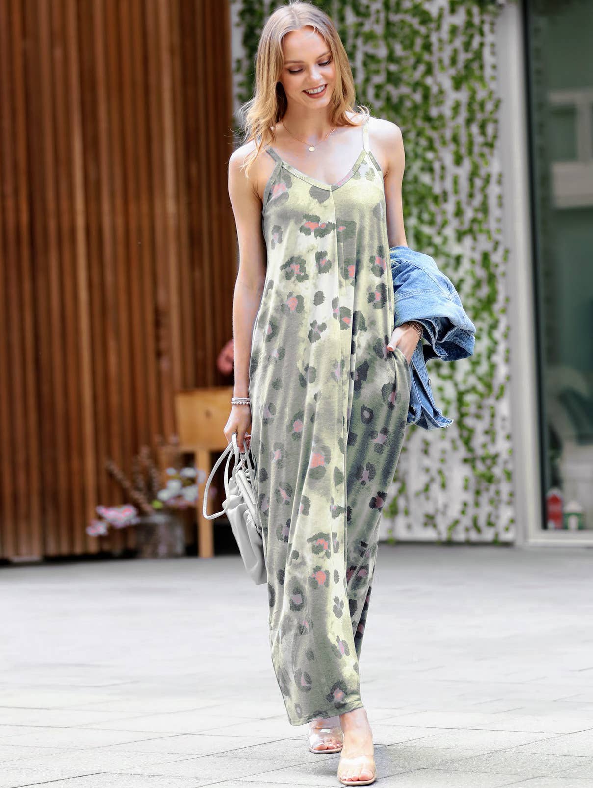 `.V Neck Cami Maxi Dress With Side Pockets